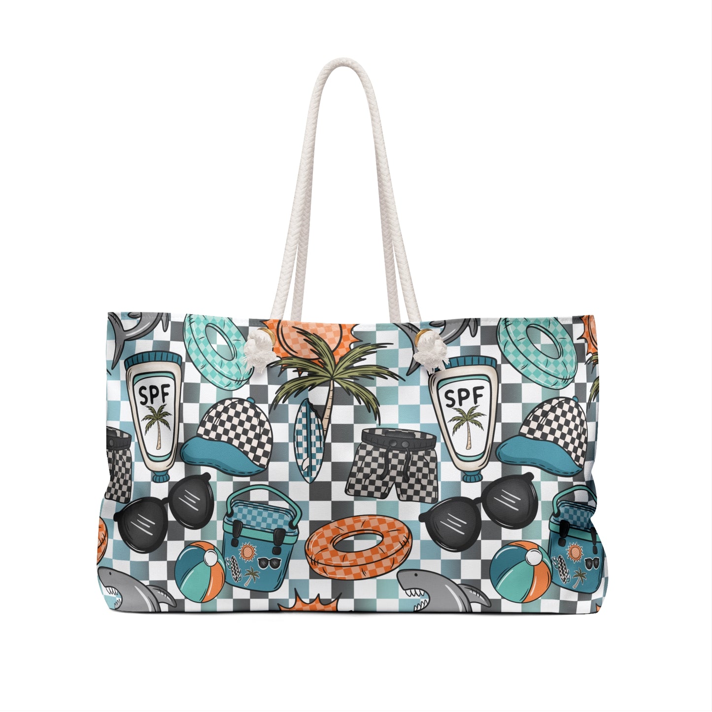 Beach Weekender Bag — Summer Travel Tote with Sunscreen, Sunglasses & Float Pattern