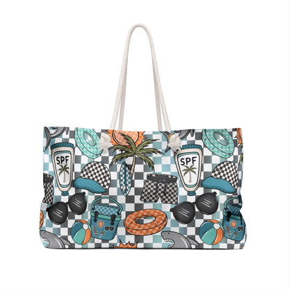 Beach Weekender Bag — Summer Travel Tote with Sunscreen, Sunglasses & Float Pattern