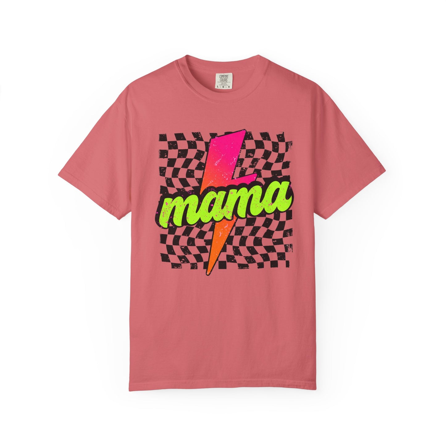 Mama Lightning Bolt T-Shirt — Retro Neon Checkered Graphic Tee for Moms