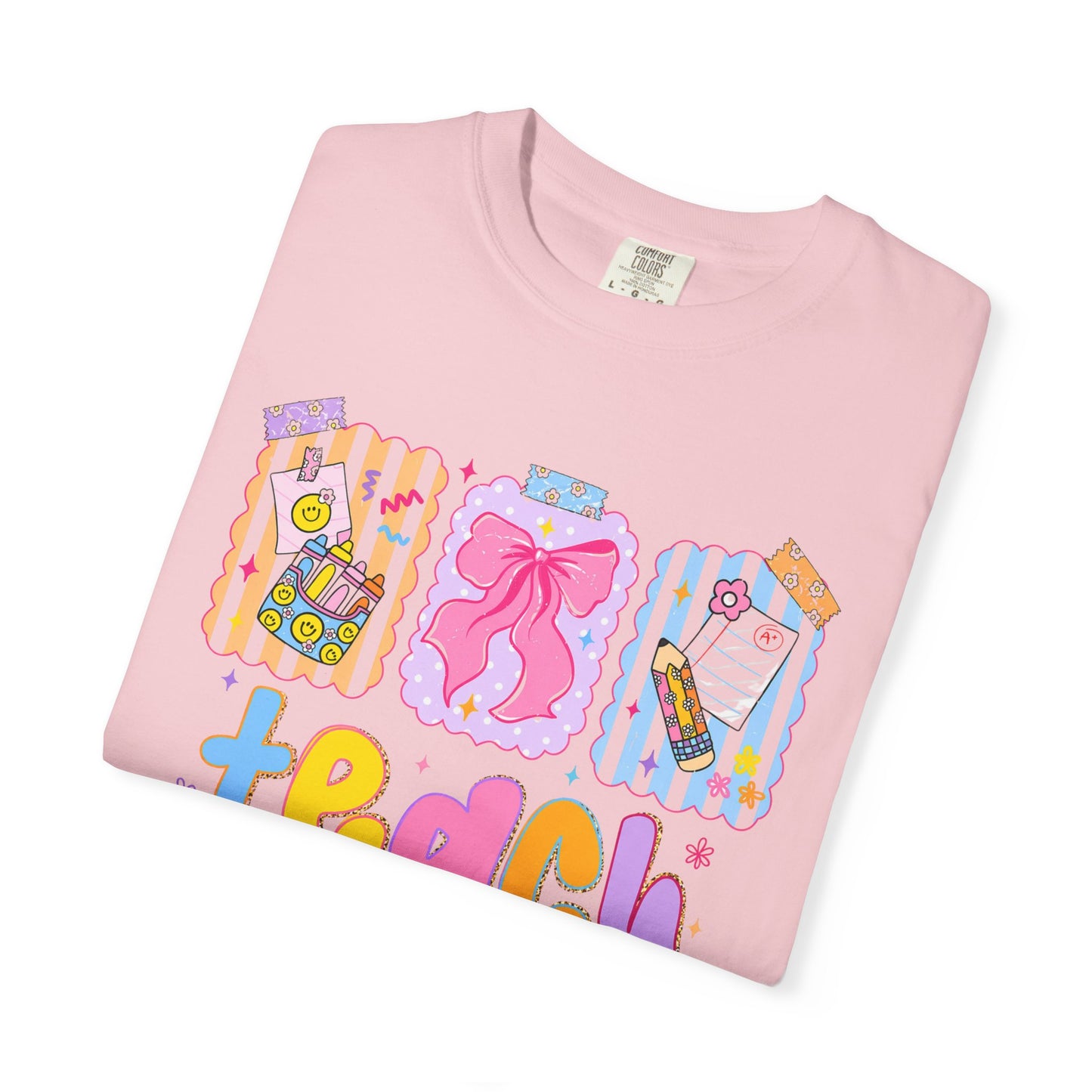 Teacher Gift T‑Shirt — Colorful 'Teach' Classroom Apple & Supplies Design