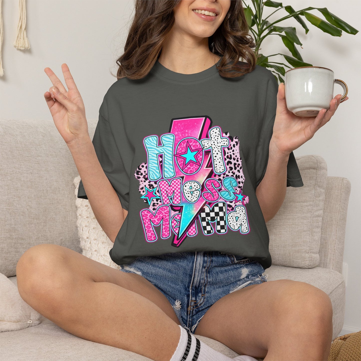 Retro Hot Mess Mama T-Shirt — Pink Lightning Graphic Tee