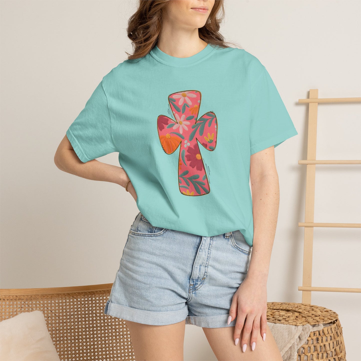 Floral Cross T-Shirt — Tropical Flower Graphic Tee