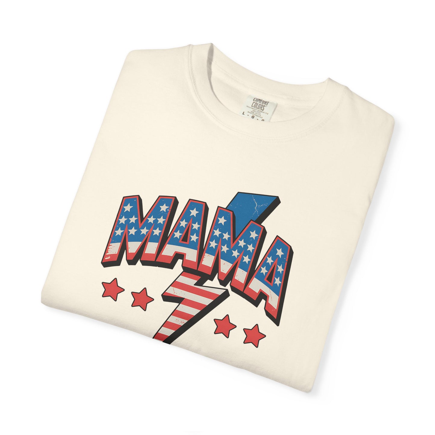 Mama Lightning Bolt Graphic Tee — Patriotic Stars & Stripes Mom T-Shirt