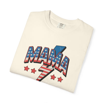Mama Lightning Bolt Graphic Tee — Patriotic Stars & Stripes Mom T-Shirt