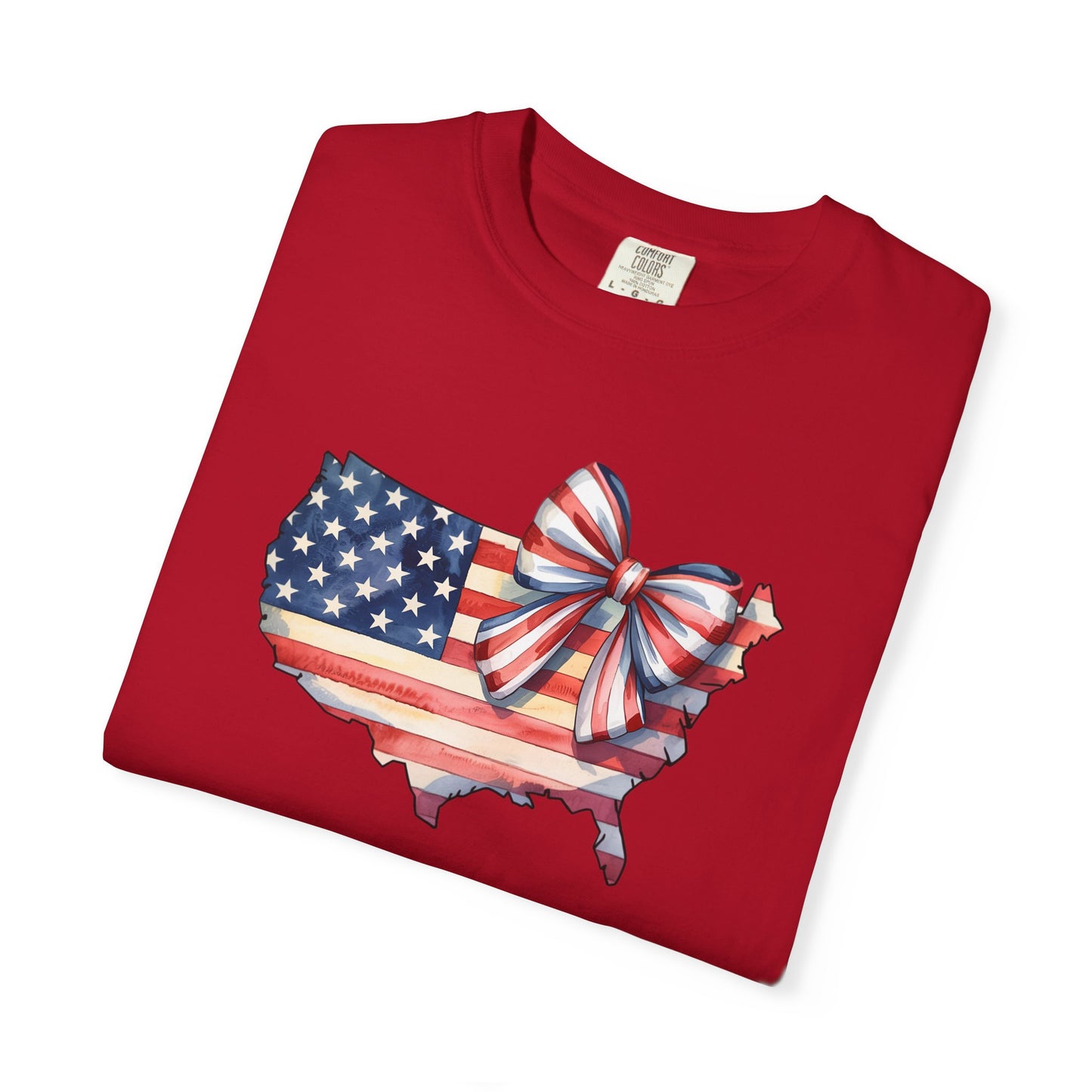 USA Flag Map T‑Shirt with Patriotic Bow — Fourth of July American Pride Tee