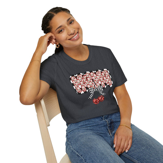 Cherry Pattern Graphic T-Shirt — Checker Bow & Double Cherries Design