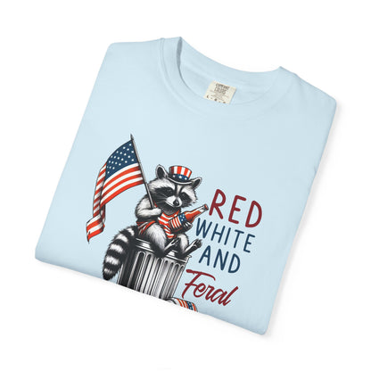 T-Shirt — 'Red, White and Feral' Raccoon American Flag Graphic
