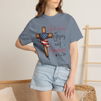 T-Shirt — "She Loves Jesus and America Too" Cross & Flag Faith Patriotic Tee