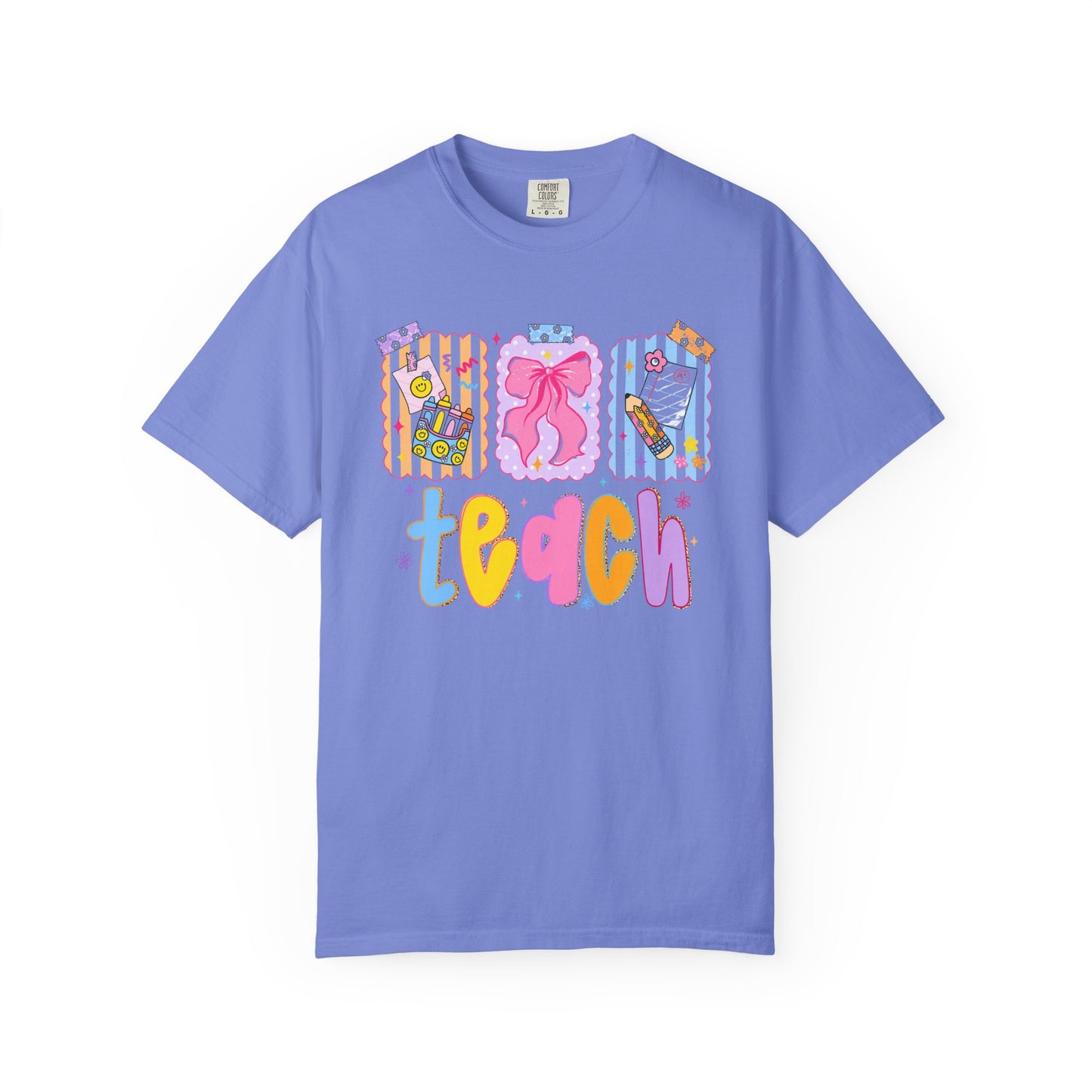 Teacher Gift T‑Shirt — Colorful 'Teach' Classroom Apple & Supplies Design