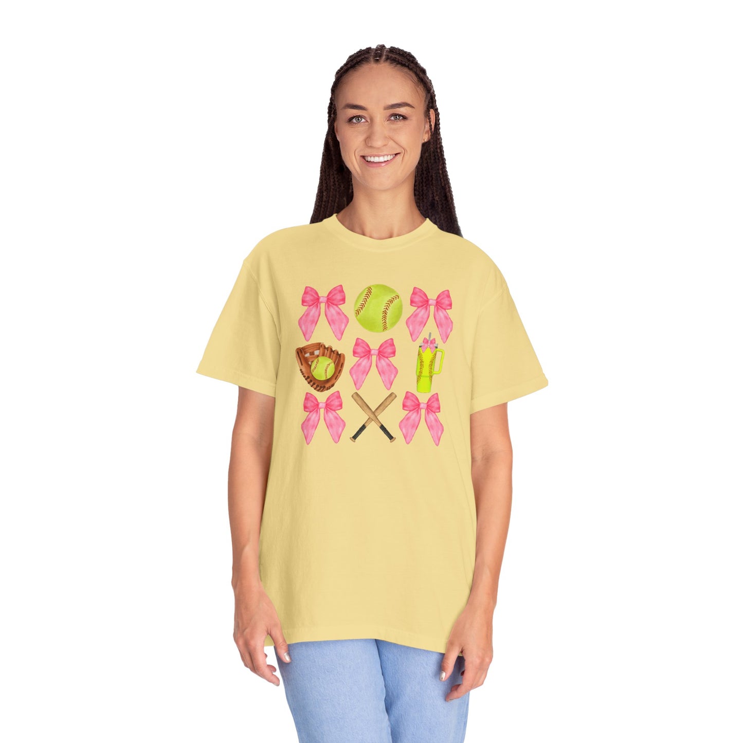 Softball Mom Graphic T‑Shirt — Pink Bows, Glove & Bat Design