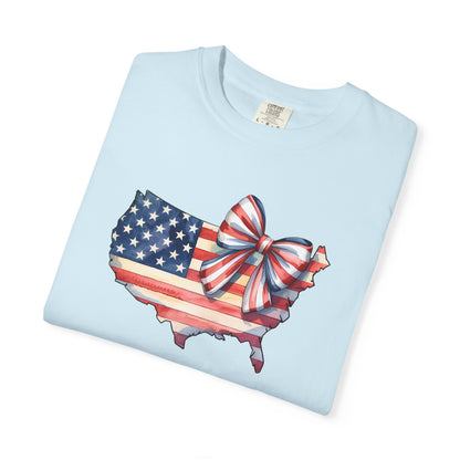 USA Flag Map T‑Shirt with Patriotic Bow — Fourth of July American Pride Tee