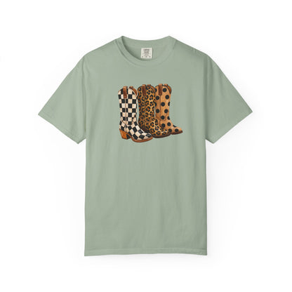 Cowgirl Boots Graphic T-Shirt — Checker & Leopard Print Western Tee