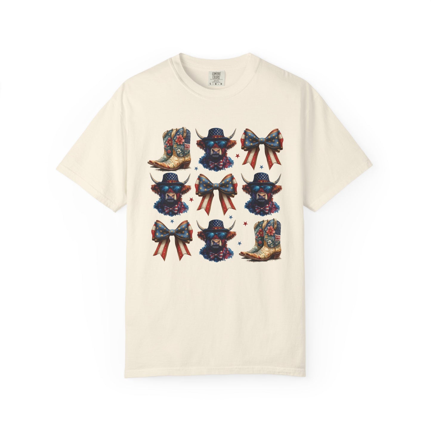 Patriotic Cowboy Icons T-Shirt — Western Boots, Hats & Bows Graphic Tee