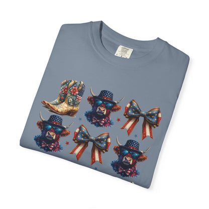 Patriotic Cowboy Icons T-Shirt — Western Boots, Hats & Bows Graphic Tee