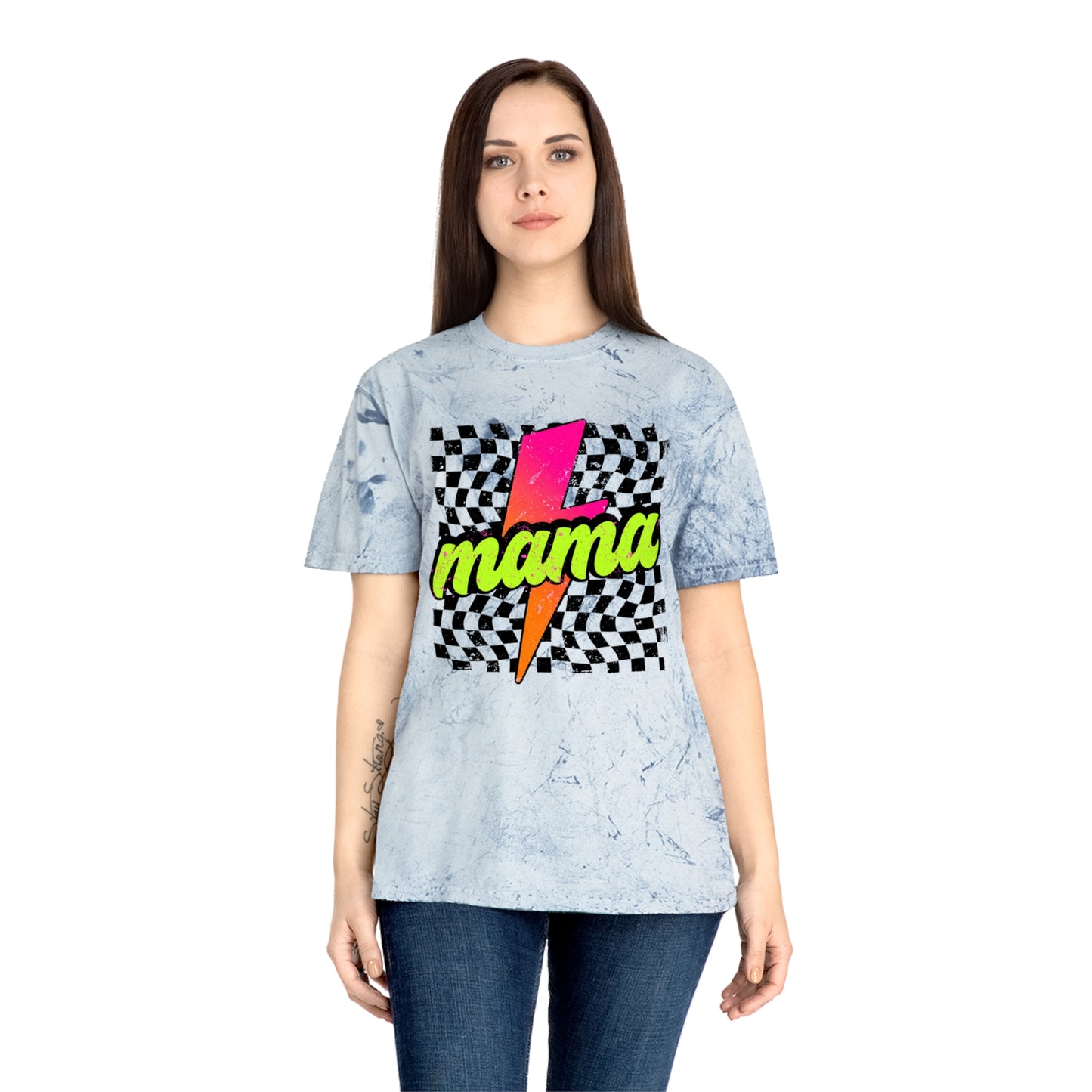 Mama Lightning Bolt T-Shirt — Retro Neon Checkered Graphic Tee