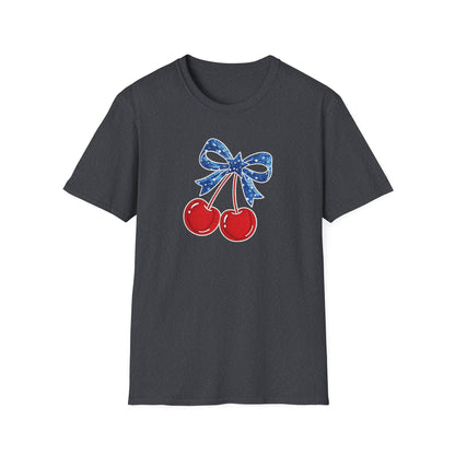 Cherry Graphic T-Shirt — Vintage Red Cherries with Blue Bow