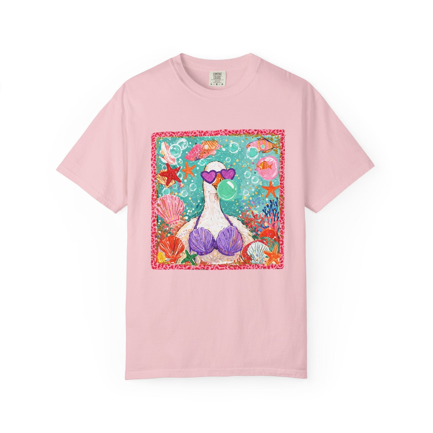 Sea Duck Mermaid T-Shirt — Whimsical Beach Graphic Tee with Sunglasses & Shell Bra