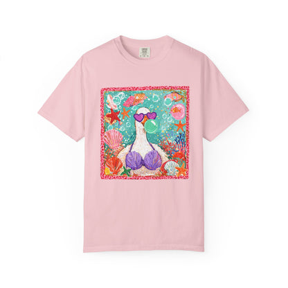 Sea Duck Mermaid T-Shirt — Whimsical Beach Graphic Tee with Sunglasses & Shell Bra