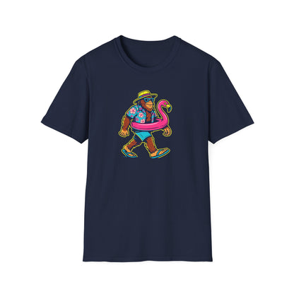 Beach Vacation Bigfoot Tee — Funny Sasquatch with Flamingo Float Shirt