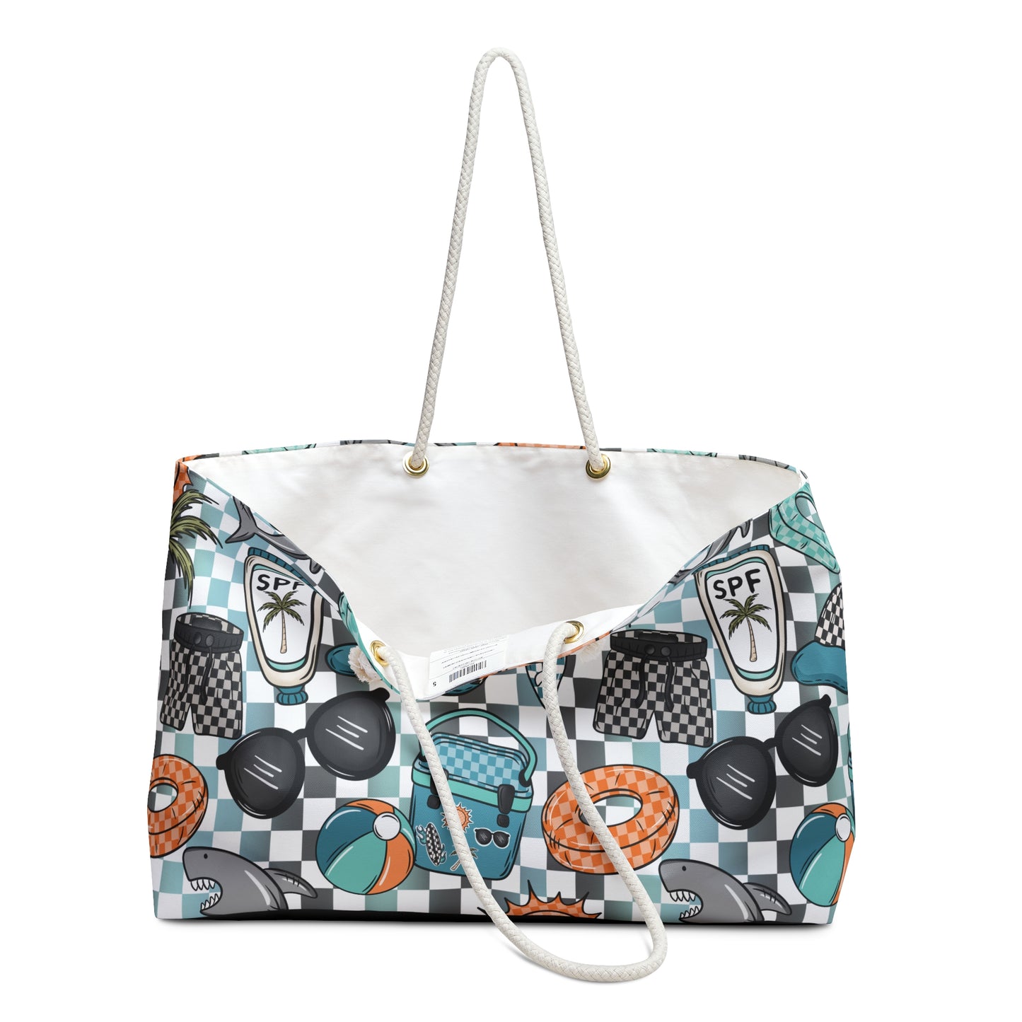 Beach Weekender Bag — Summer Travel Tote with Sunscreen, Sunglasses & Float Pattern