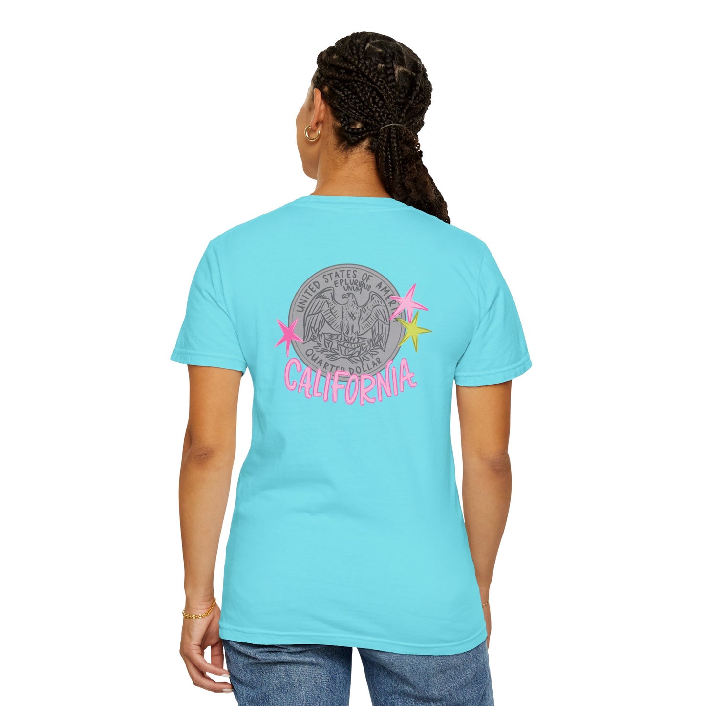 California Coin Graphic Tee — 'California' Retro Neon Stars T-Shirt