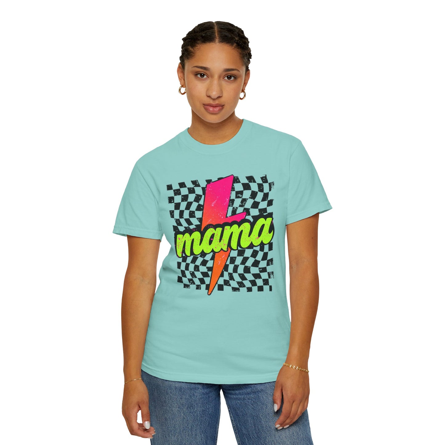 Mama Lightning Bolt T-Shirt — Retro Neon Checkered Graphic Tee for Moms