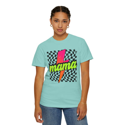 Mama Lightning Bolt T-Shirt — Retro Neon Checkered Graphic Tee for Moms