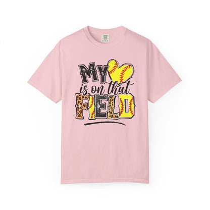 Softball Mom T-Shirt - "My Heart is on That Field" Leopard Stitch Design