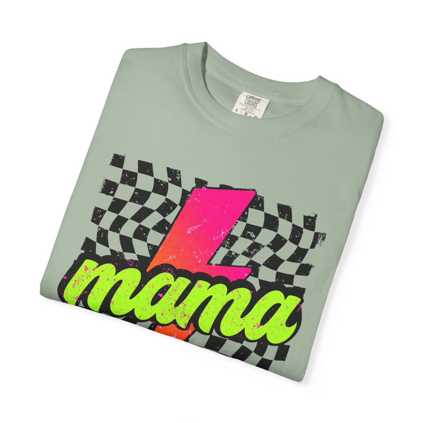 Mama Lightning Bolt T-Shirt — Retro Neon Checkered Graphic Tee for Moms