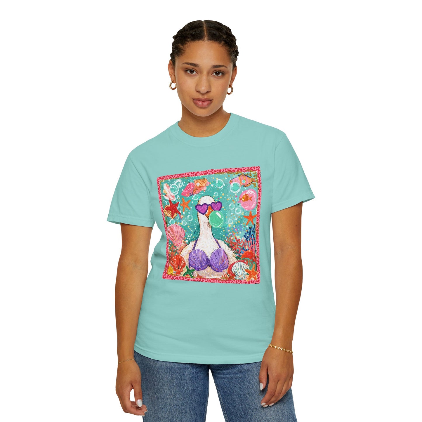 Sea Duck Mermaid T-Shirt — Whimsical Beach Graphic Tee with Sunglasses & Shell Bra