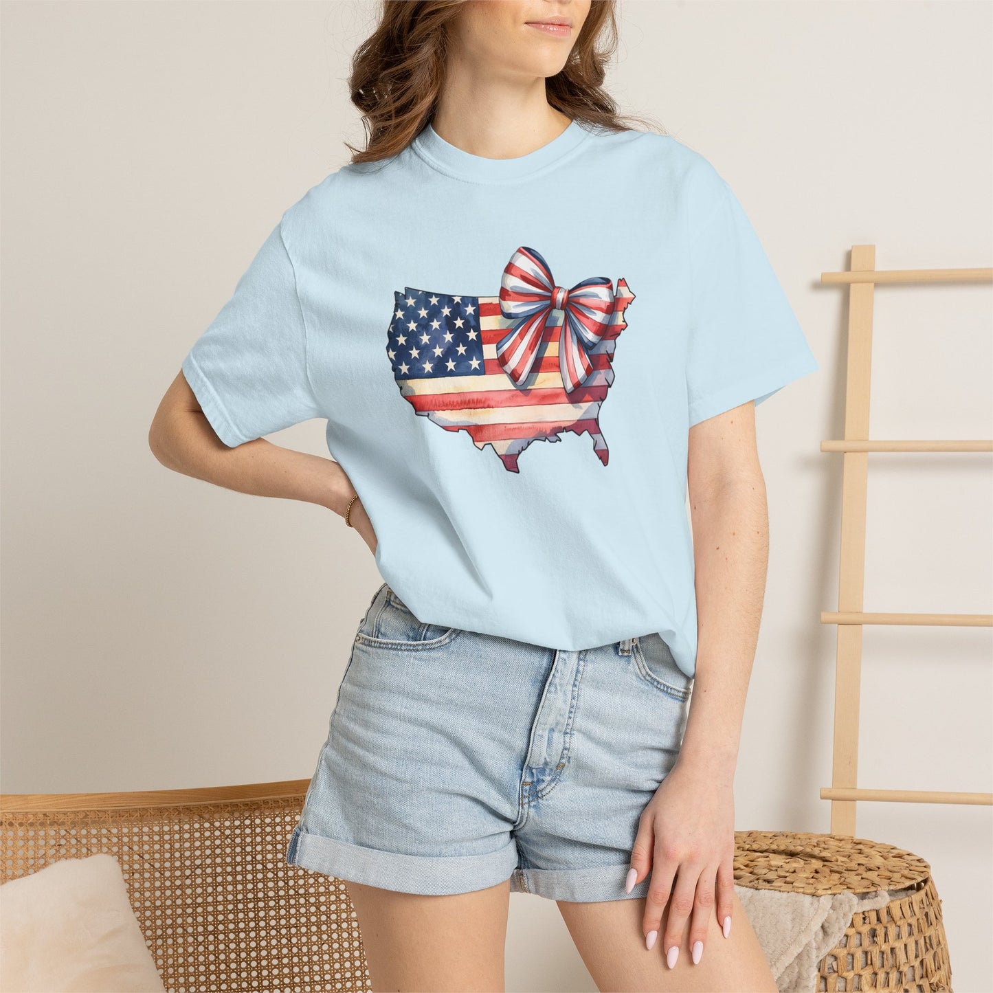 USA Flag Map T‑Shirt with Patriotic Bow — Fourth of July American Pride Tee