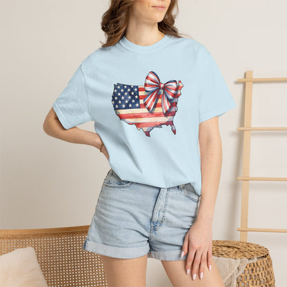 USA Flag Map T‑Shirt with Patriotic Bow — Fourth of July American Pride Tee