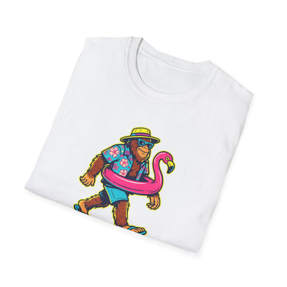 Beach Vacation Bigfoot Tee — Funny Sasquatch with Flamingo Float Shirt