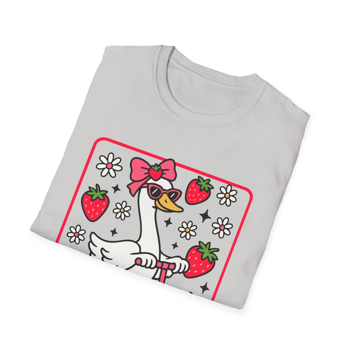Cute Goose on Scooter T‑Shirt — Strawberry & Bow Graphic Tee