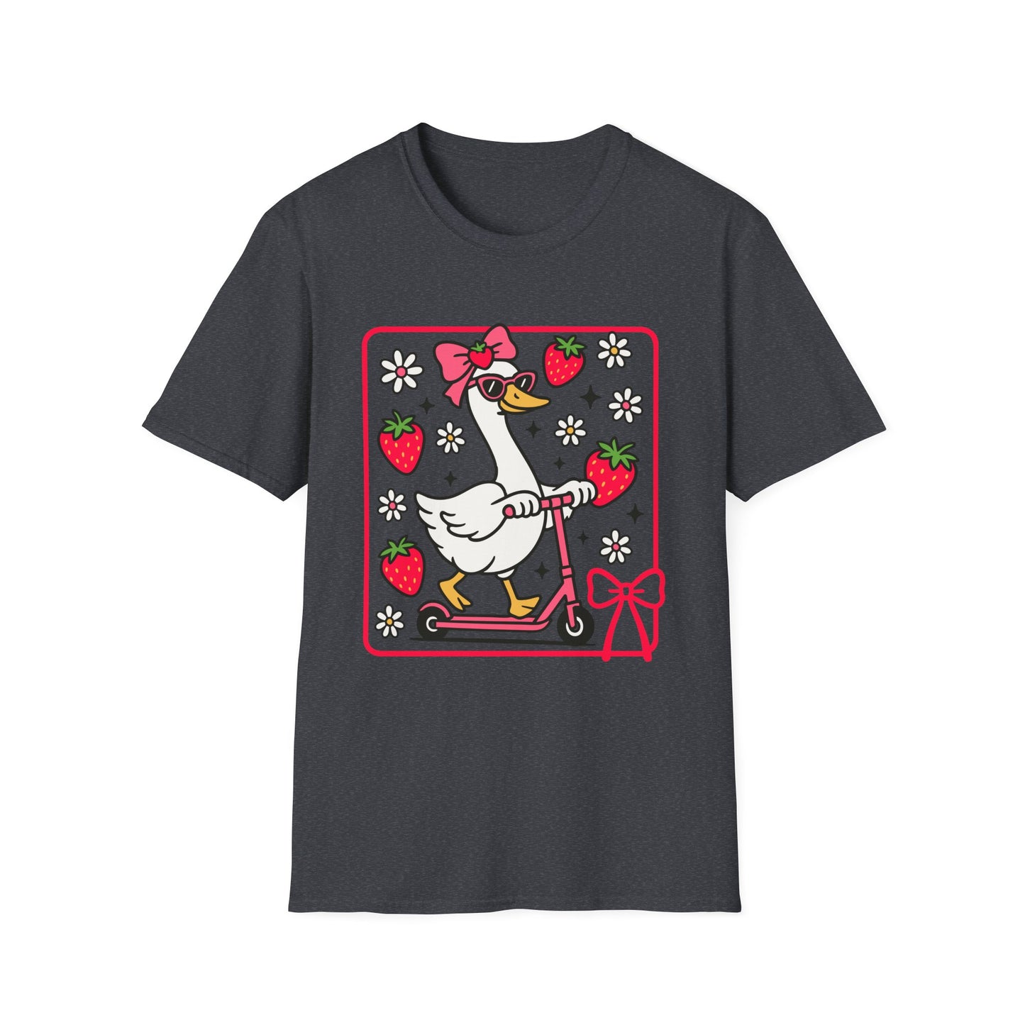 Cute Goose on Scooter T‑Shirt — Strawberry & Bow Graphic Tee
