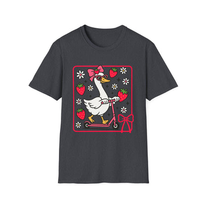 Cute Goose on Scooter T‑Shirt — Strawberry & Bow Graphic Tee