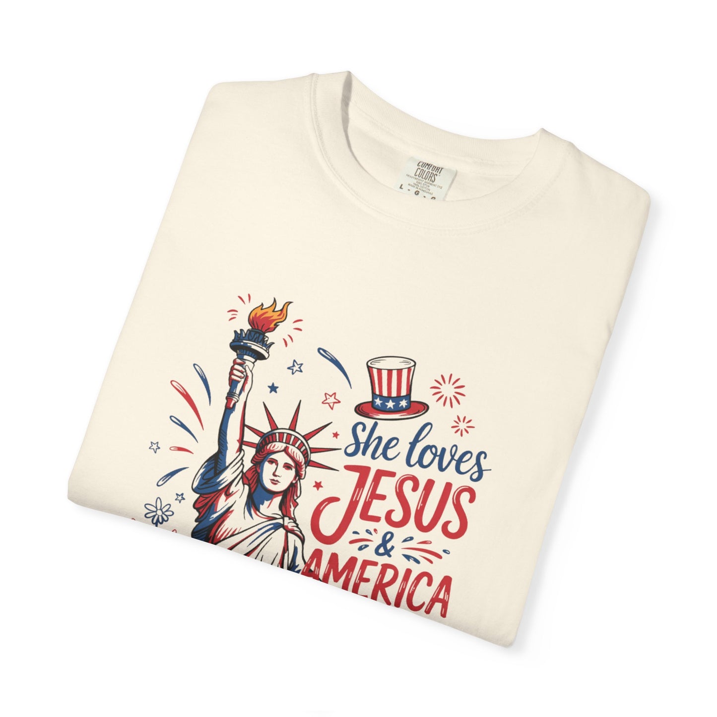 She Loves Jesus & America Tee — Patriotic Statue of Liberty Christian T-Shirt