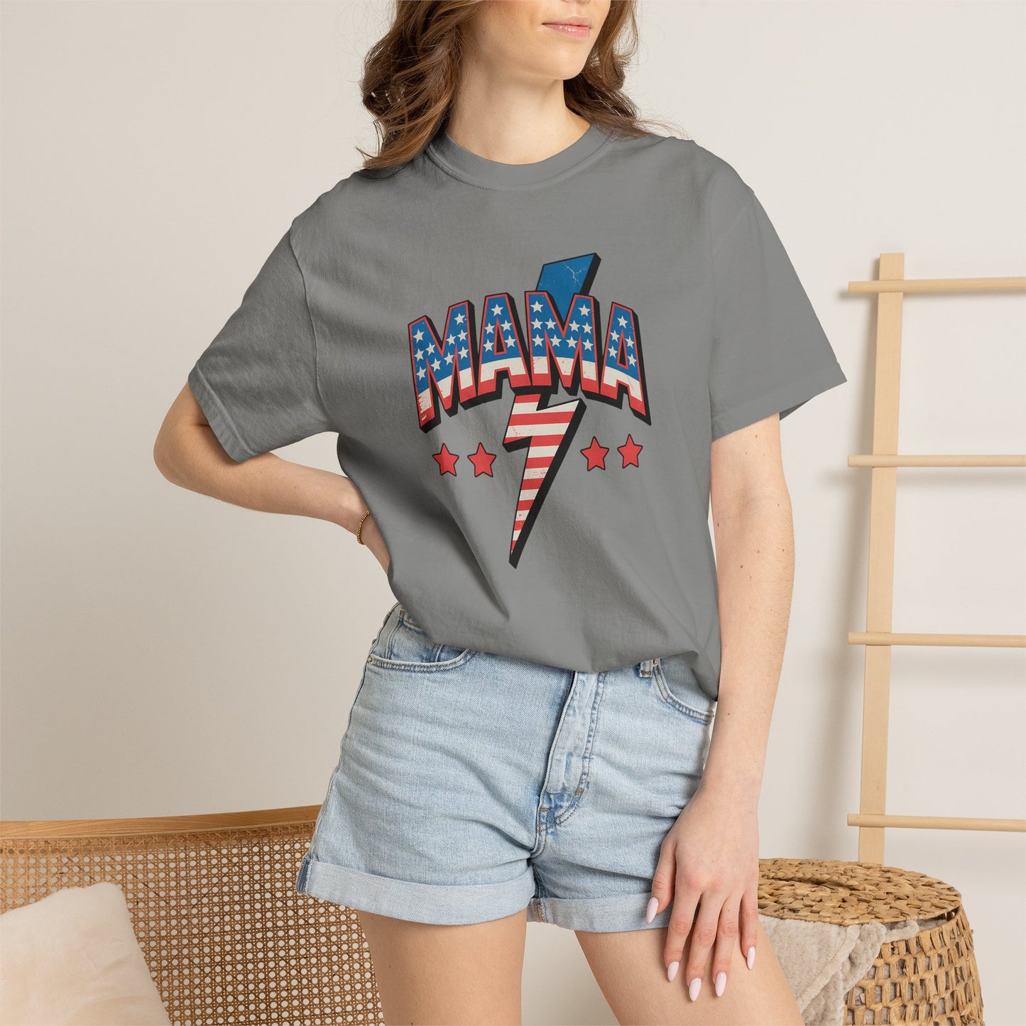 Mama Lightning Bolt Graphic Tee — Patriotic Stars & Stripes Mom T-Shirt