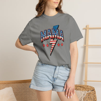 Mama Lightning Bolt Graphic Tee — Patriotic Stars & Stripes Mom T-Shirt