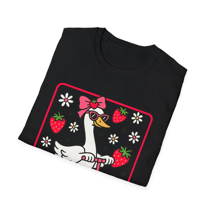 Cute Goose on Scooter T‑Shirt — Strawberry & Bow Graphic Tee