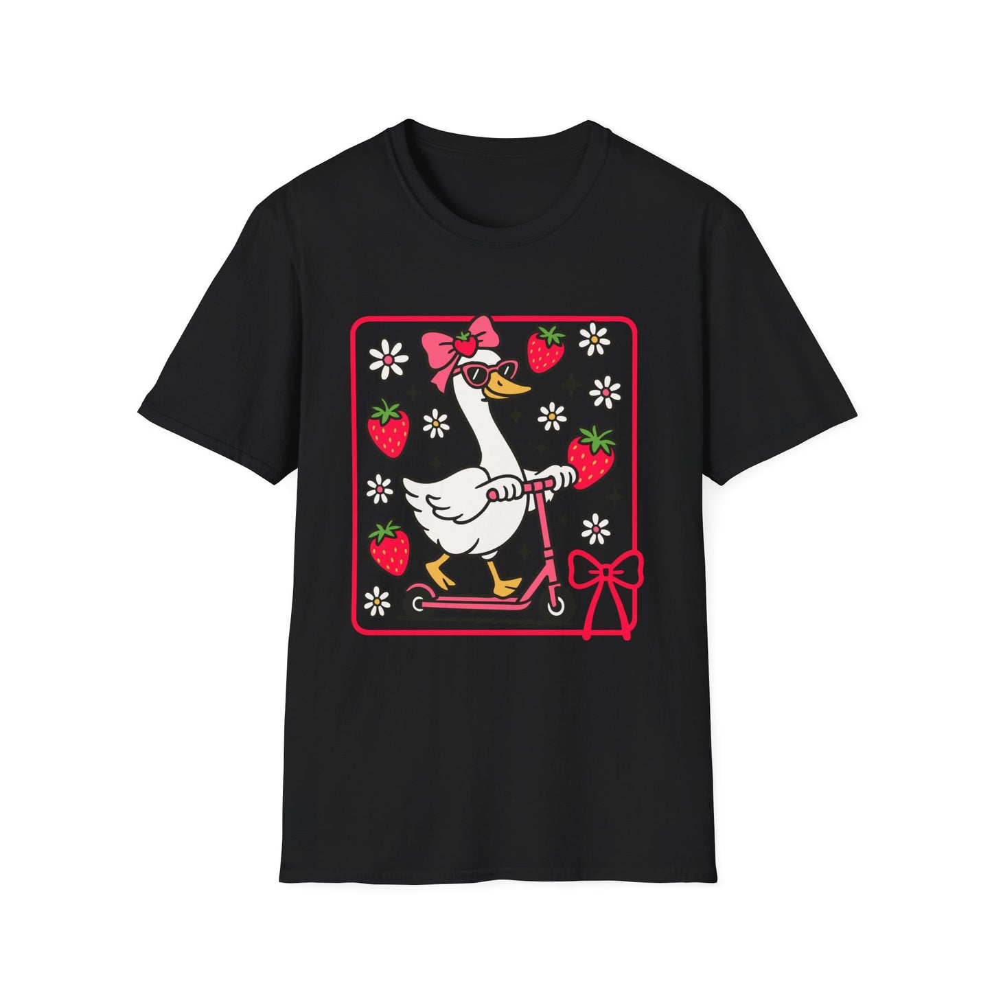 Cute Goose on Scooter T‑Shirt — Strawberry & Bow Graphic Tee