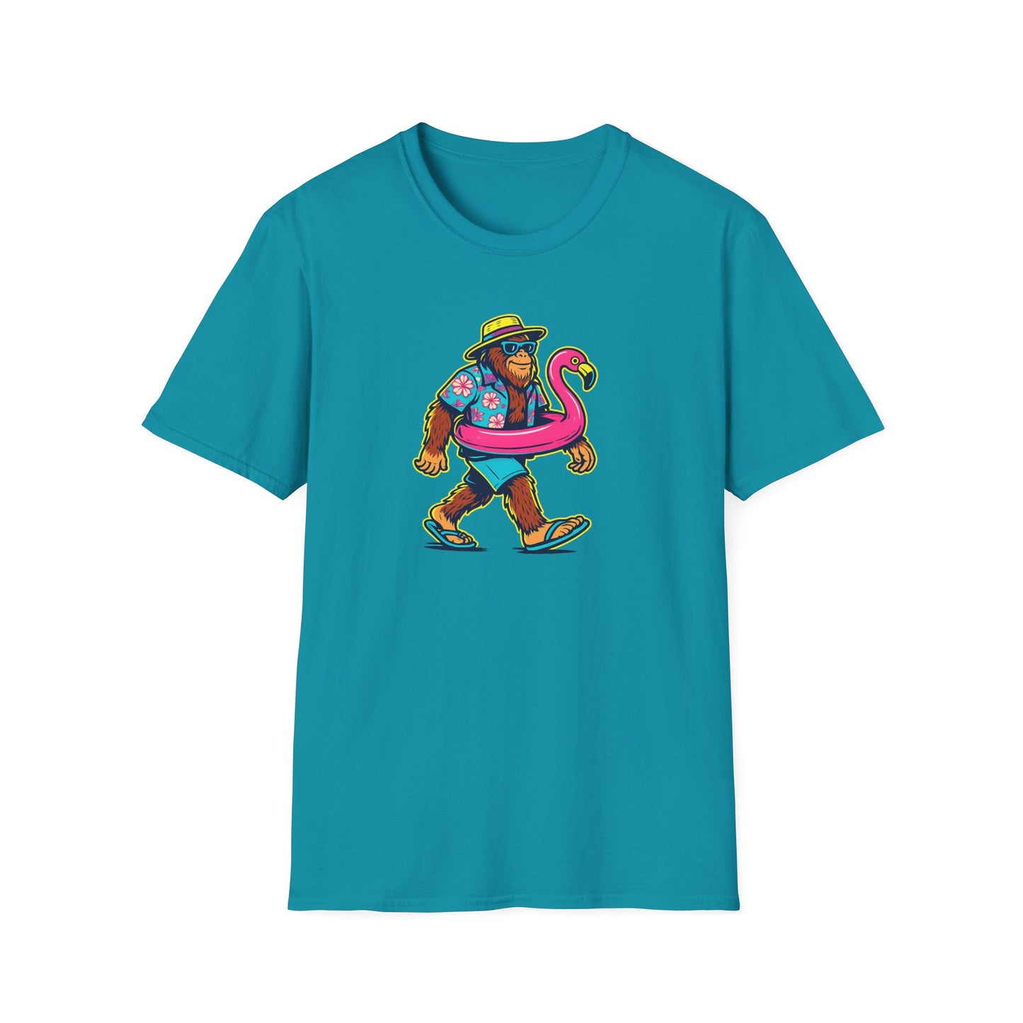 Beach Vacation Bigfoot Tee — Funny Sasquatch with Flamingo Float Shirt