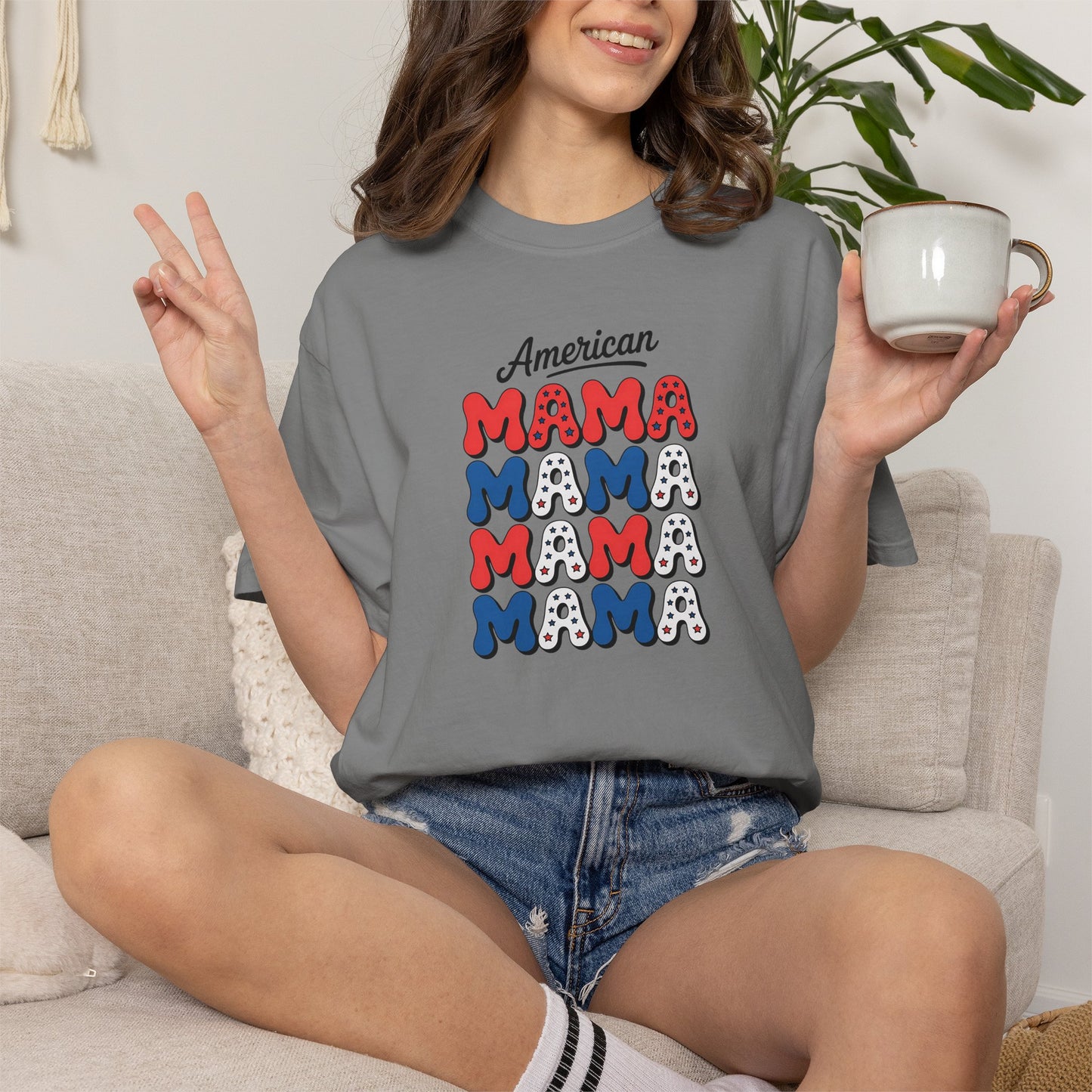 American Mama Graphic T-Shirt – Patriotic Red White Blue Mom Tee
