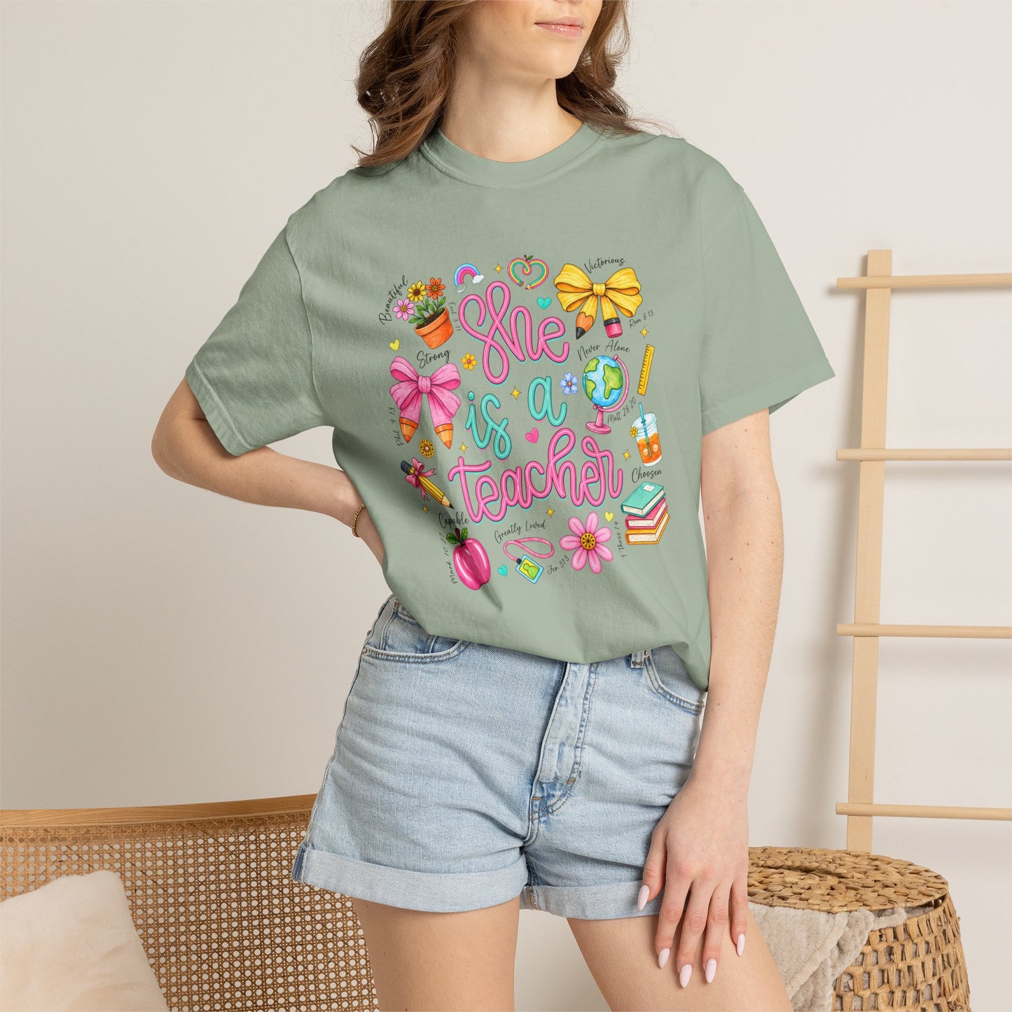 Teacher T-Shirt — "She is a Teacher" Cute School Supplies Design