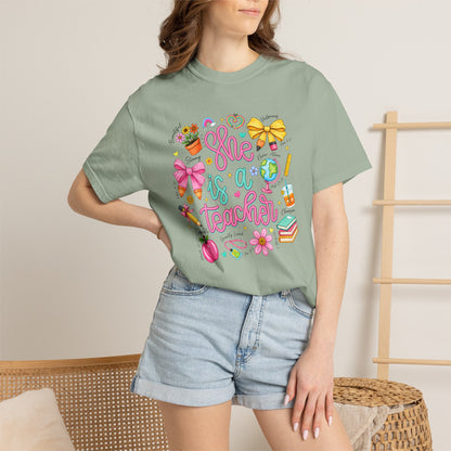 Teacher T-Shirt — "She is a Teacher" Cute School Supplies Design