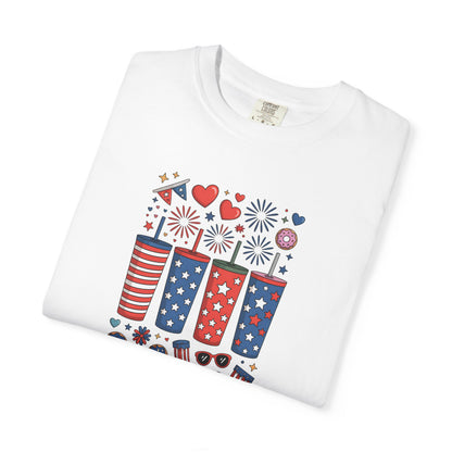 Patriotic Fireworks Cups T-Shirt — USA 4th of July Graphic Tee