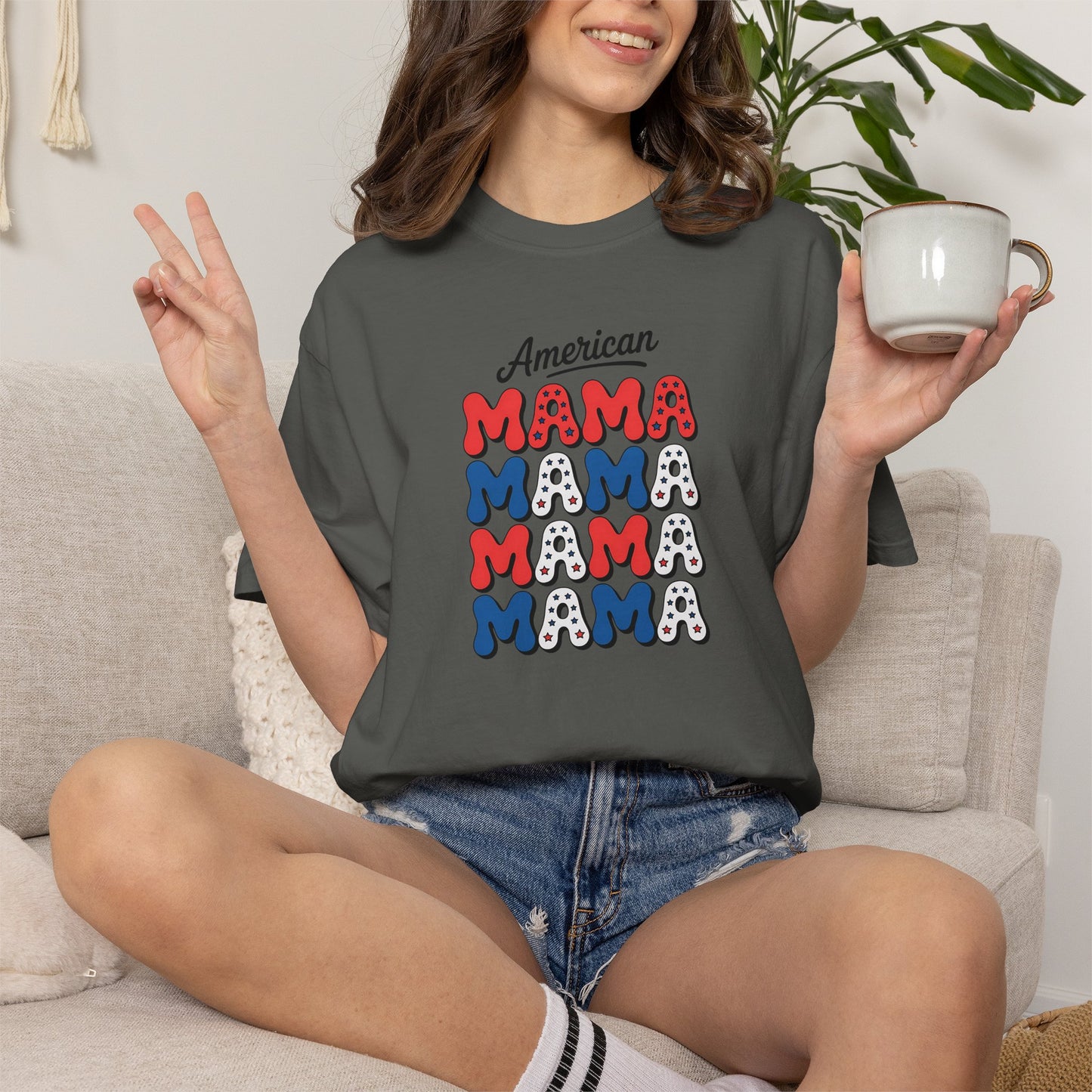 American Mama Graphic T-Shirt – Patriotic Red White Blue Mom Tee