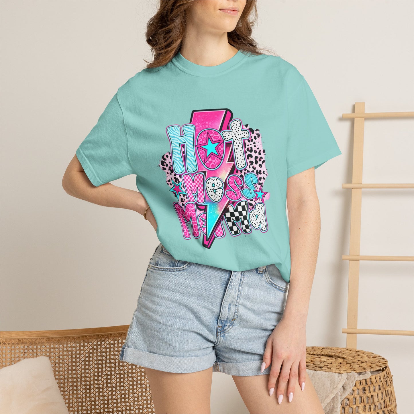 Retro Hot Mess Mama T-Shirt — Pink Lightning Graphic Tee