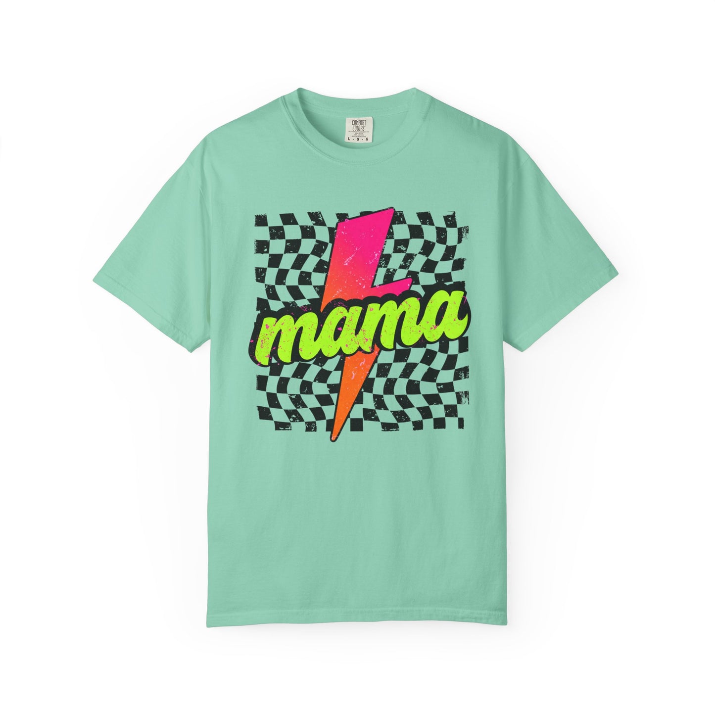 Mama Lightning Bolt T-Shirt — Retro Neon Checkered Graphic Tee for Moms