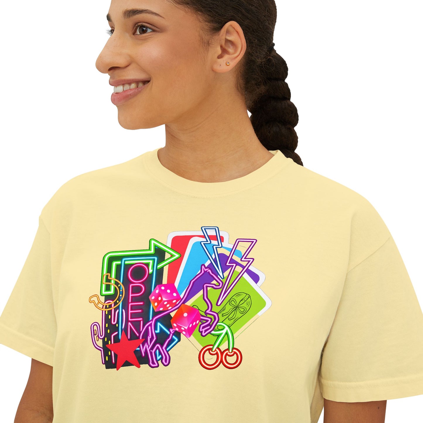 Retro Neon Makeup Graphic Tee — Women's Boxy Tee